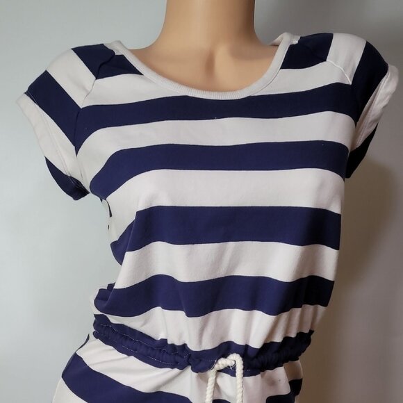 Navy & White Striped Casual Drawstring Waist Cotton Dress Short Sleeve Scoop Nec - Picture 2 of 14